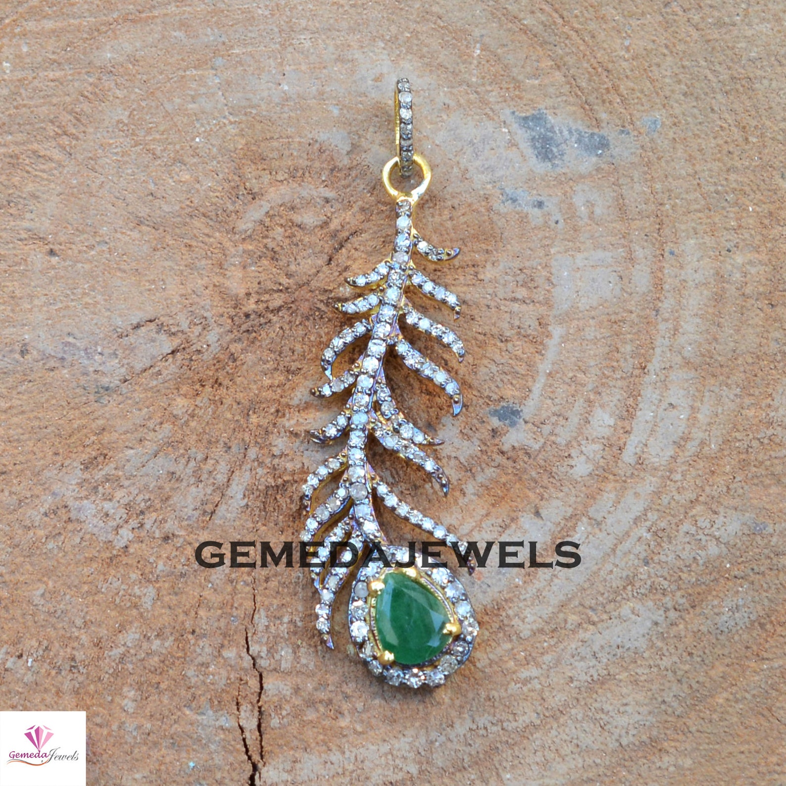 Emerald Leaf Pendant Pave Diamond Pendant 925 Silver Leaf Etsy