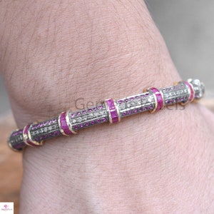 Handmade Ruby Diamond Bangle: 14k Gold Plated Sterling Silver
