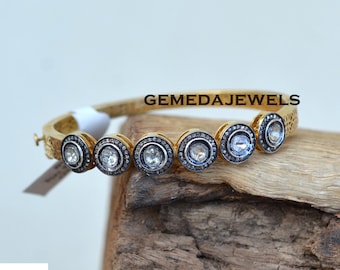 Rose Cut Polki Diamond Bangle, 925 Silver Yellow Gold Plated, Openable Design