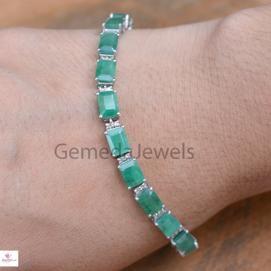 Natural Emerald Bracelet 925 Silver Jewelry Pave Diamond