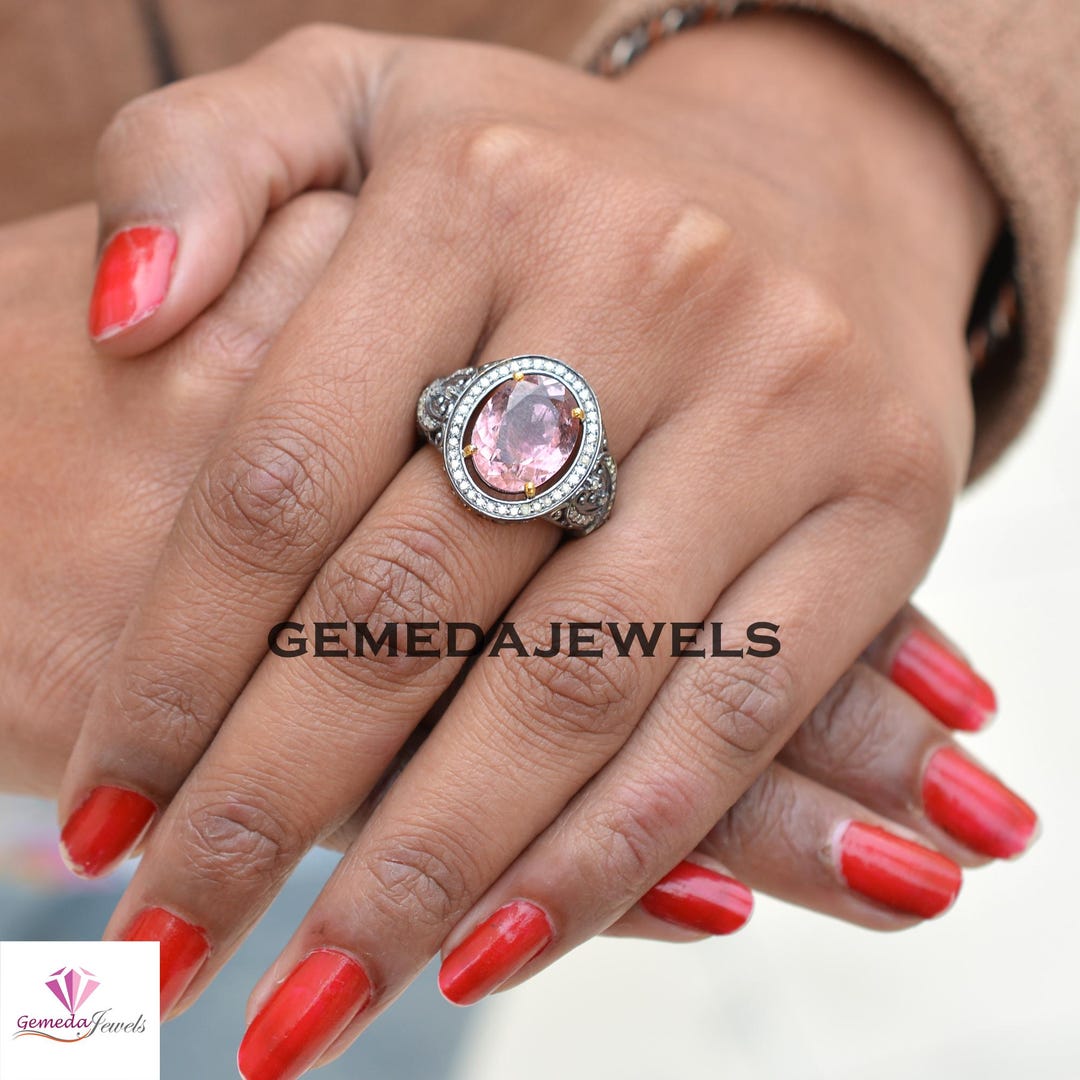 ピンクトルマリンリング：パヴェダイヤモンド 925シルバー、グレー