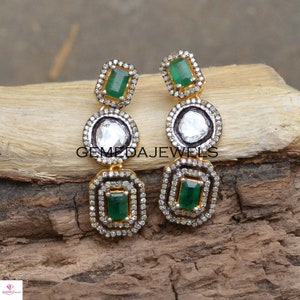 Charmante Smaragd Ohrringe, Pave Diamant Ohrring, Polki Diamant Ohrringe, Sterling Silber Schmuck, Edelstein Ohrringe Schmuck, Geschenk für sie