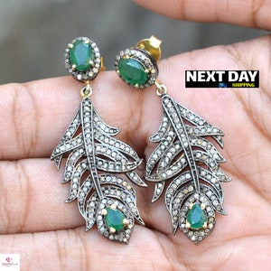 Sale Natural Emerald Earrings, Pave Diamond Earring, 14k Gold Earrings, 925 Silver Jewelry, Gemstone Diamond Leaf Jewelry, Mother Day Gifts