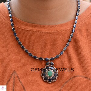 Blue Sapphire Necklace, Pave Diamond Necklace, Gemstone Diamond Jewelry, 925 Silver Jewelry, 14k Gold Plated Necklace, 18&quot; Pendant Necklace