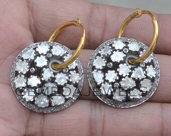 Rose Cut Polki Diamond Hoop Earrings: Gold Plated 925 Silver Jewelry