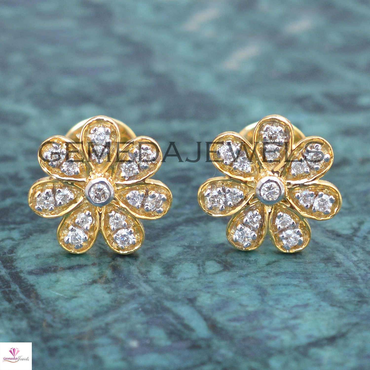 Sale Genuine Pave Diamond Flower Earring 14k Yellow Gold - Etsy
