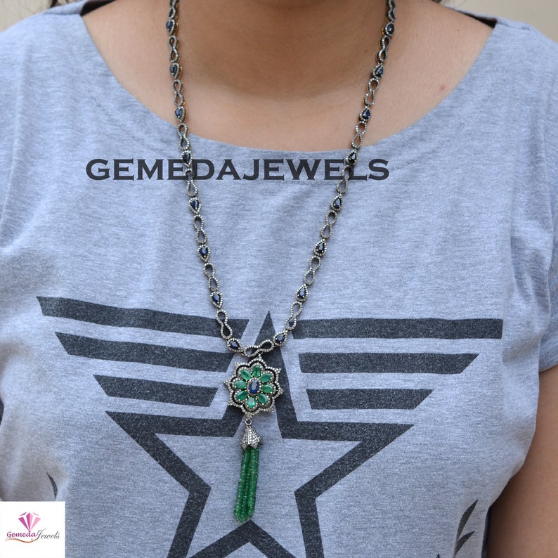 Sapphire Silver Necklace, Emerald Beads Gemstone Necklace, Yello Sapphire Silver Necklace, Emerald Beads Gemstone Necklace, Yello