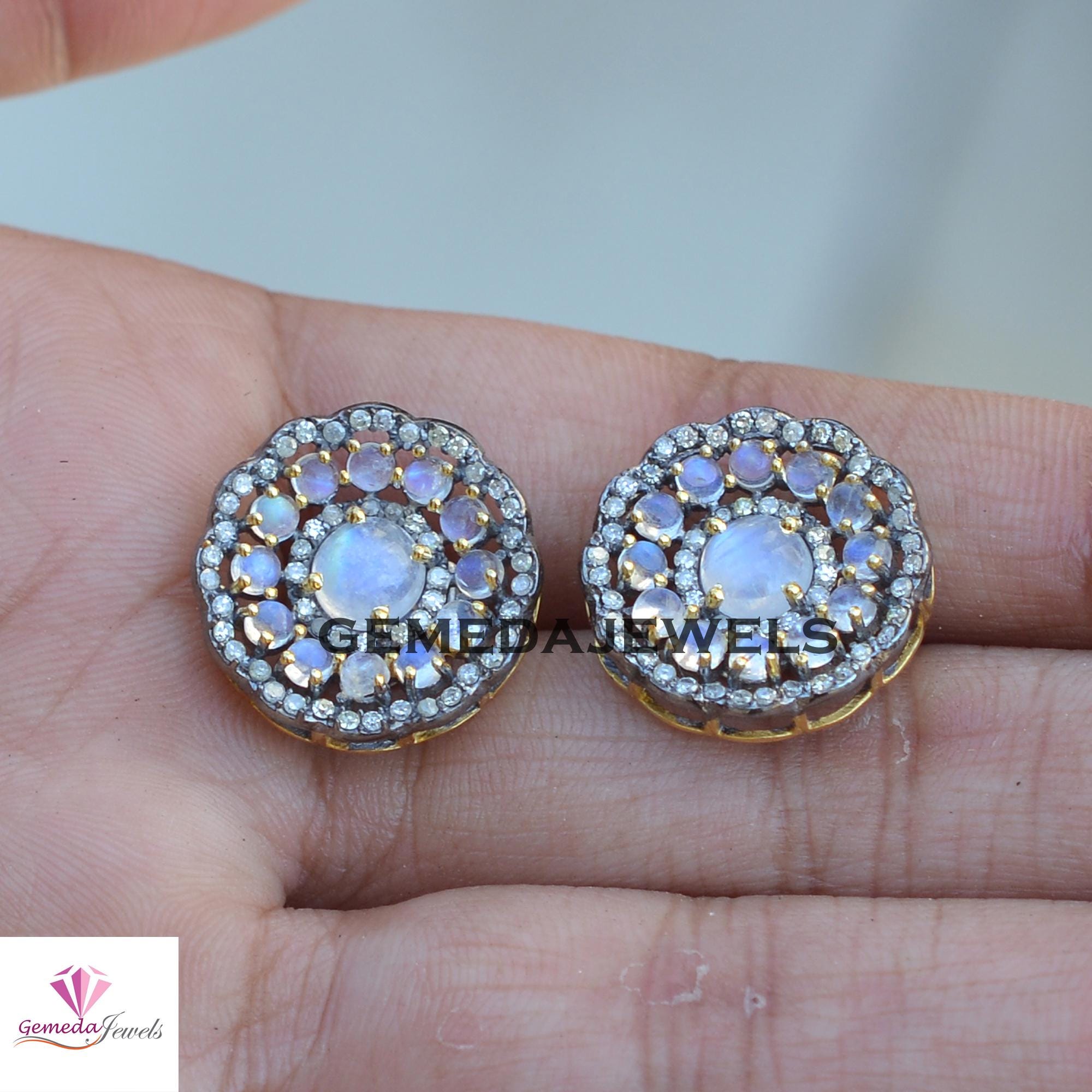 Orecchini A Bottone Con Pietra Di Luna Arcobaleno E Fiore - Argento Sterling S925, Ipoallergenici, 7 Mm, Regalo Per Donne E Ragazze
