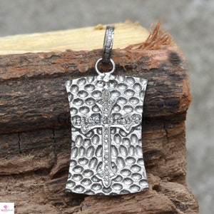 Sale!! Hammered Pendant Necklace, Real Pave Diamond Cross Pendant, 925 Silver Rhodium Plated Jewelry, 16&quot; Link Chain Necklace, Gift For Dad