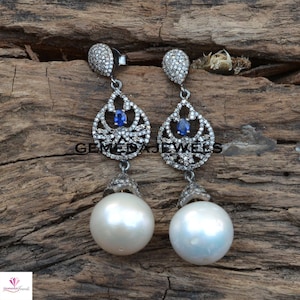 White Pearl Earrings, Sapphire Gemstone Earring, 925 Silver Jewelry, Gemstone Silver Jewelry, Dangle Silver Earrings, Pave Diamond Earrings