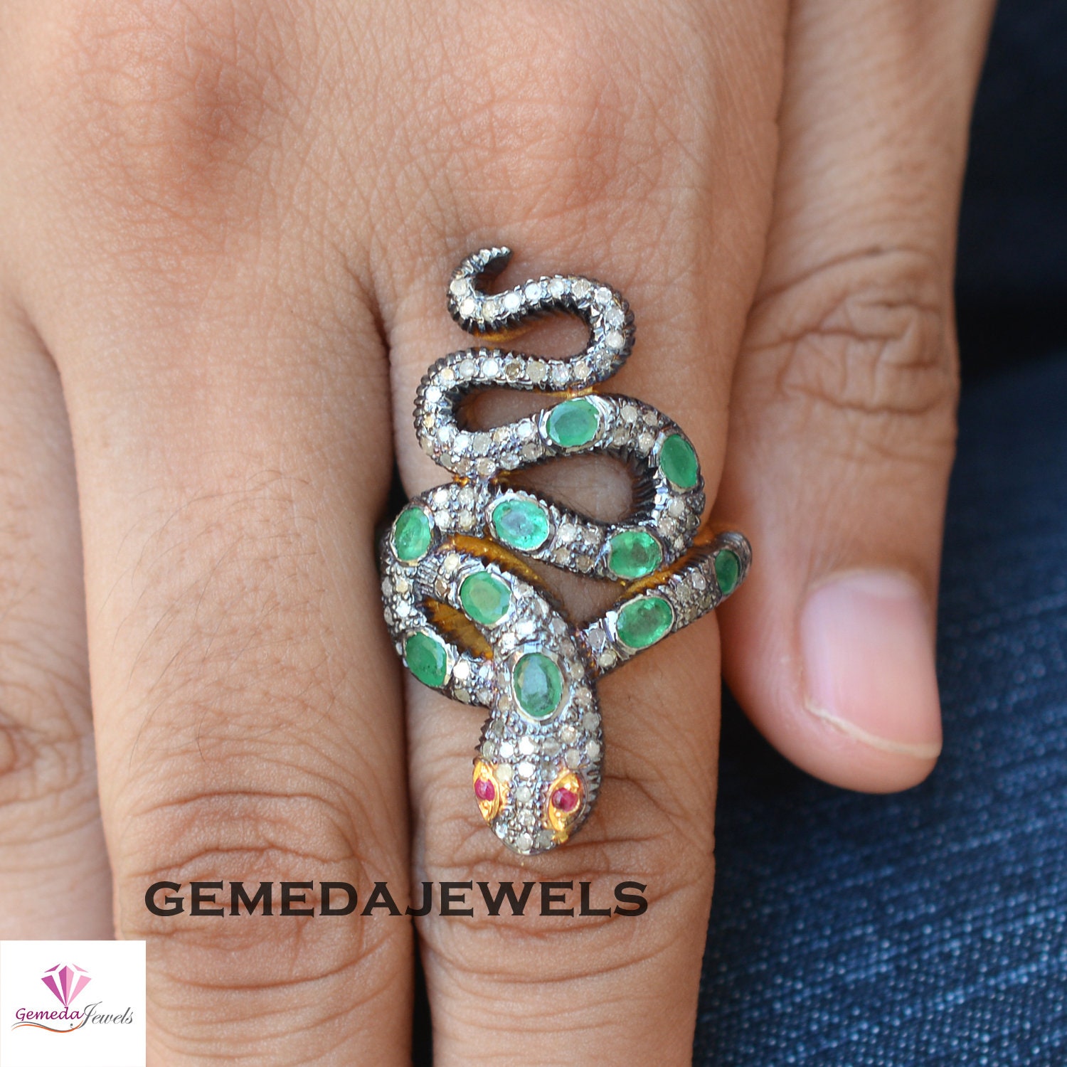 Natural Emerald Snake Ring Pave Diamond Jewelry 925 Silver Wrap