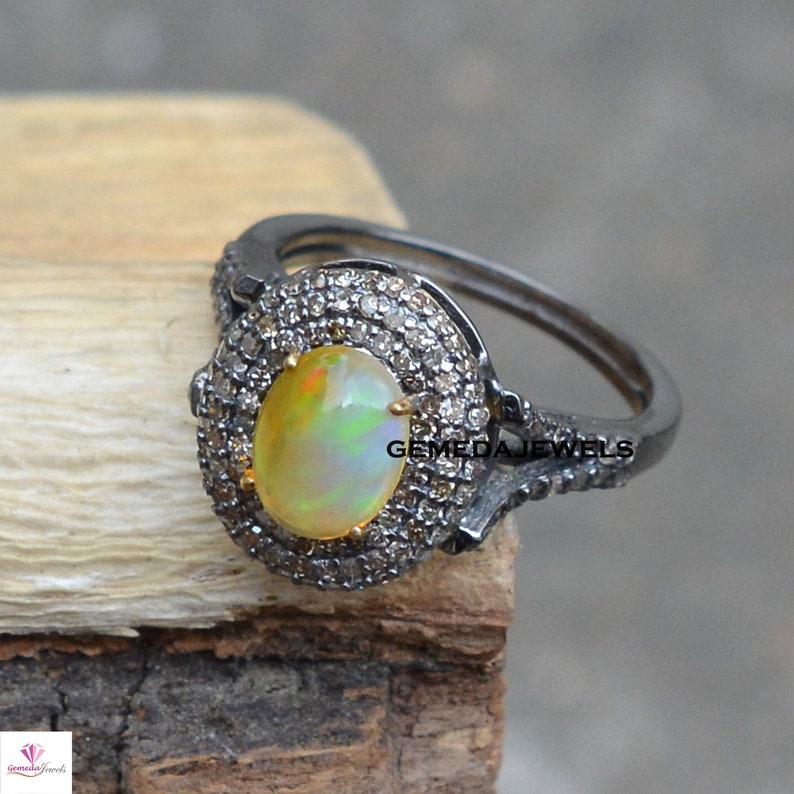 Sterling Silver Jewelry Ethiopian Opal Ring Pave Diamond Ring Statement Ring Diamond Opal Jewelry Gemstone Ring Jewelry Gift For Her