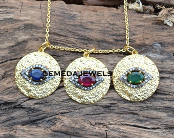Pendentif saphir, pendentif rubis, pendentif émeraude, pendentif pavé de diamants, bijoux en argent 925 vermeil, pendentif turquoise 16" collier