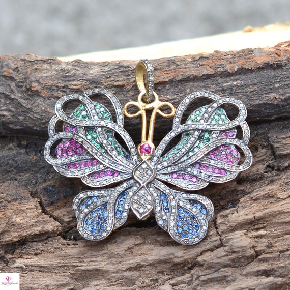ハンドメイド 925 シルバー マルチジェムストーン バタフライ