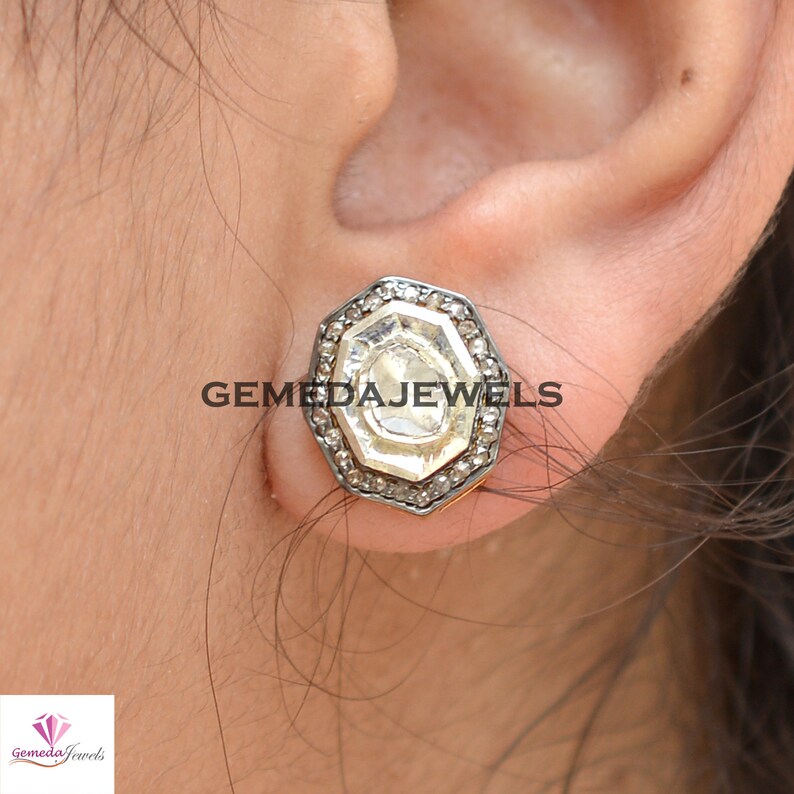 Promo Boucles d'oreilles diamants taille rose polki, Puces d'oreilles en diamants pavés, Bijoux en argent 925 vermeil jaune, Bijoux minimalistes, Bijoux cadeau femme image 2