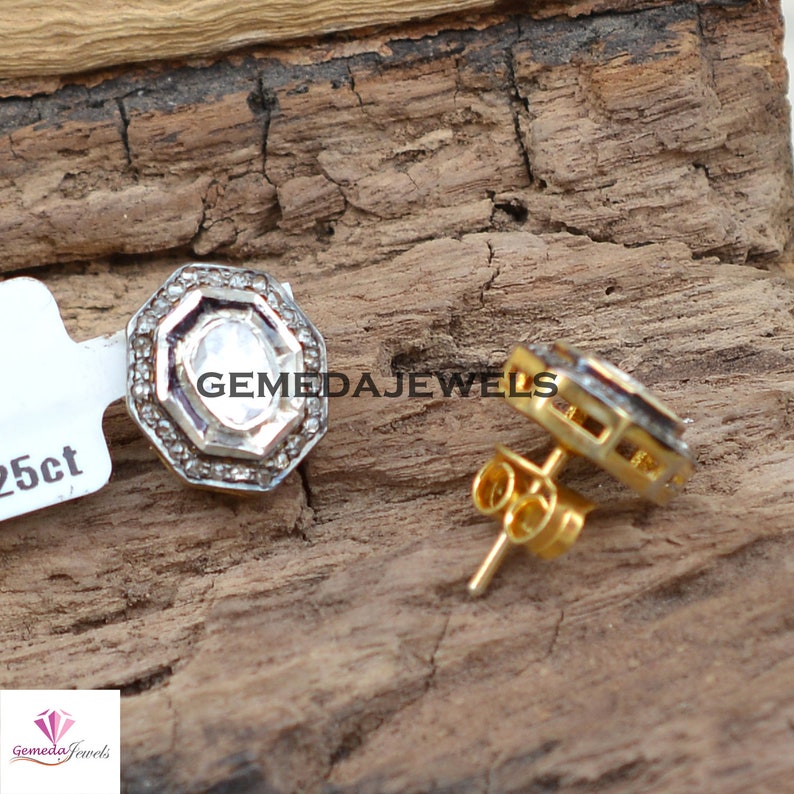 Promo Boucles d'oreilles diamants taille rose polki, Puces d'oreilles en diamants pavés, Bijoux en argent 925 vermeil jaune, Bijoux minimalistes, Bijoux cadeau femme image 3