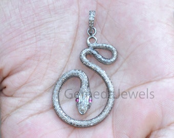Handmade Pave Diamond Snake Pendant: Ruby Eyed Sterling Silver Charm