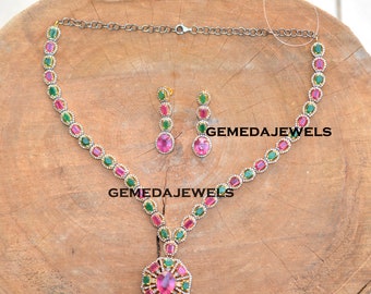 Emerald Ruby Necklace Earring Set: 925 Silver Gold Vermeil Jewelry Gifts For Her