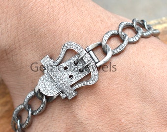 Pave Diamond Belt Buckle Bracelet: Sterling Silver Link Chain