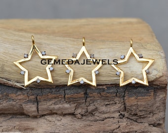 5 Pave Diamond Star Pendants, Gold Plated 925 Sterling Silver Charms