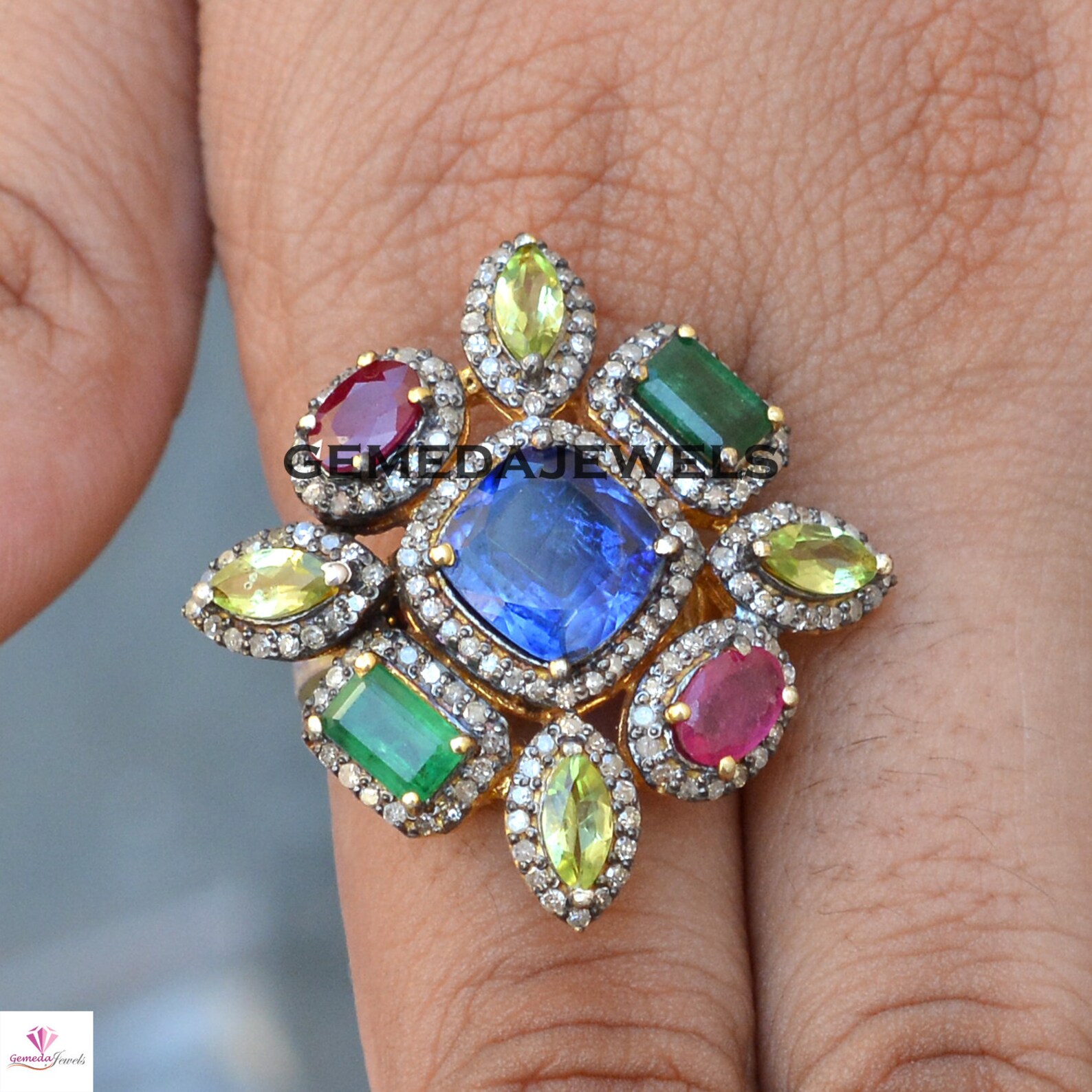 Multi Gemstone Ring Gemstone Flower Ring Pave Diamond Ring | Etsy