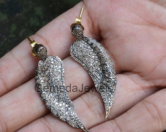 Pave Diamond Angel Wing Earrings: 14k Gold & 925 Silver