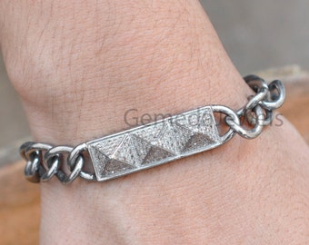 Pave Diamond Pyramid Bracelet: Solid 925 Silver Link Chain, Handmade Jewelry