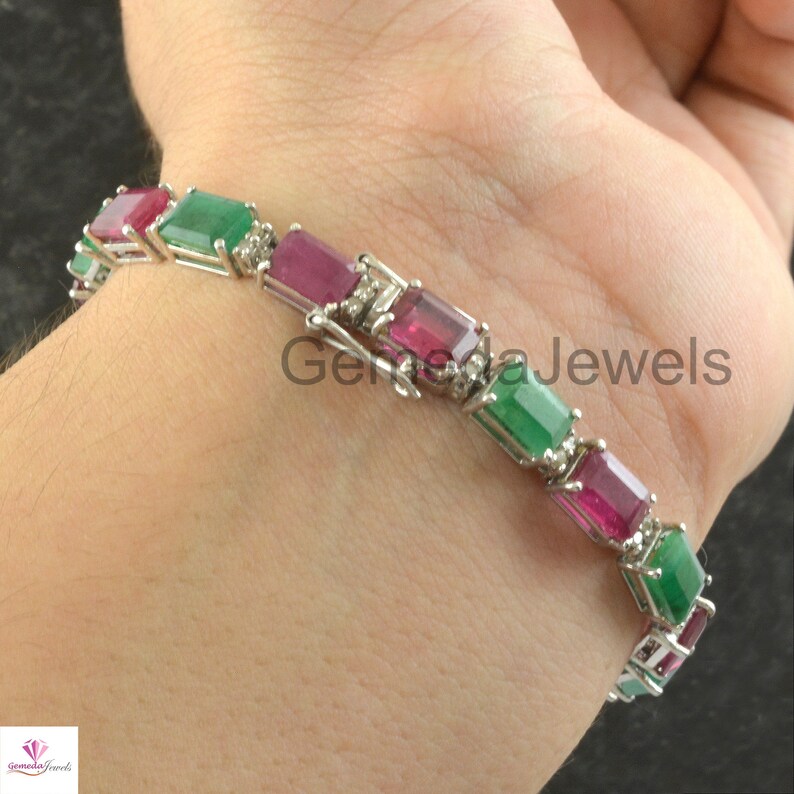 Natural Ruby Bracelet 925 Sterling Silver Jewelry Emerald Gemstone Bracelet Genuine Pave Diamond Handmade Link Chain Bracelet Fine Jewelry