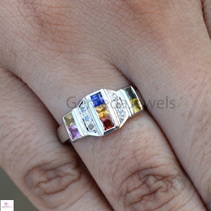Handmade Multi Sapphire Sterling Silver Ring: Pave Diamond Accent