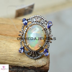 Beautiful Opal Gemstone Ring, Amethyst 925 Silver Ring, Pave Diamond Jewelry, Baguette Diamond Ring, 14k Gold Vermeil Jewelry, Gift For her