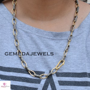 18.10Cts Pave Diamond Chain Necklace, 925 Silver Clasp Lock Necklace, 14k Gold Plated Jewelry, 24&quot; Link Chain Jewelry, Unisex Gifts Jewelry