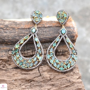 Emerald Gemstone Earrings, Pave Diamond Earring, Sterling Silver Jewelry, Gemstone Silver Jewelry, Diamond Dangle Earrings, Gift for her