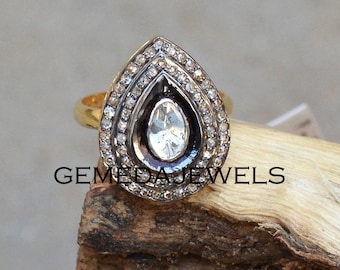 Real Polki Diamond 925 Silver Ring: Gold Vermeil Pave Setting Jewelry