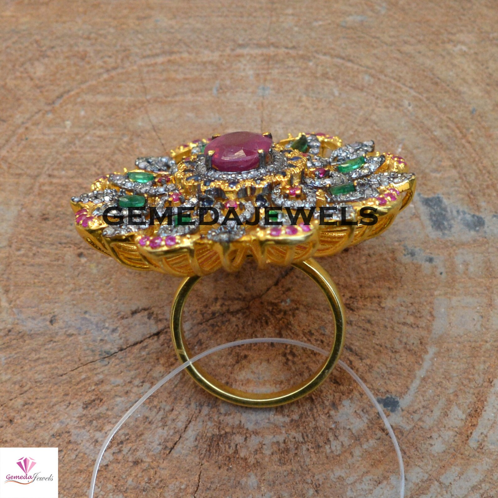 Multi Gemstone Ring Flower Gemstone Ring Pave Diamond | Etsy