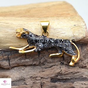 Pave Diamond Panther Pendant, Black Diamond Jewelry, 925 Silver Jewelry, Gold Plated Pendant, 16" Link Chain Necklace, Animal Jewelry, Gifts