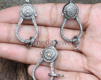 Handmade Pave Diamond Lobster Clasp: Oxidized 925 Silver Finding Jewelry (41X16 MM)