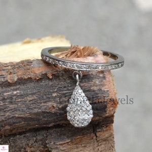 Pave Diamond Drop Ring: Handmade Oxidized Sterling Silver Band