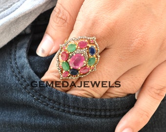 Ruby Gemstone Ring, Pave Diamond Jewelry, Emerald Ring Jewellery, Sapphire Gemstone Ring, 925 Silver Gold Filled Jewelry, Women Gift Jewelry
