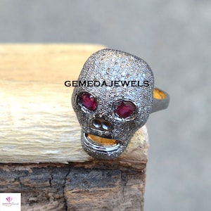 Pave Diamond Skull Ring: Ruby Eyes, 925 Silver Gold Vermeil