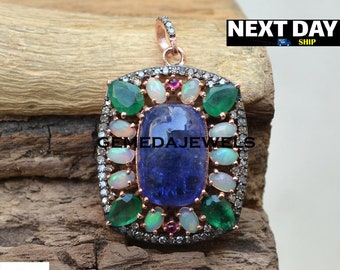 Pendentif tanzanite, bijoux en opale, pendentif en argent 925 émeraude, bijoux en or vermeil 14 carats, pendentif pavé de diamants, collier chaîne de 40,6 cm