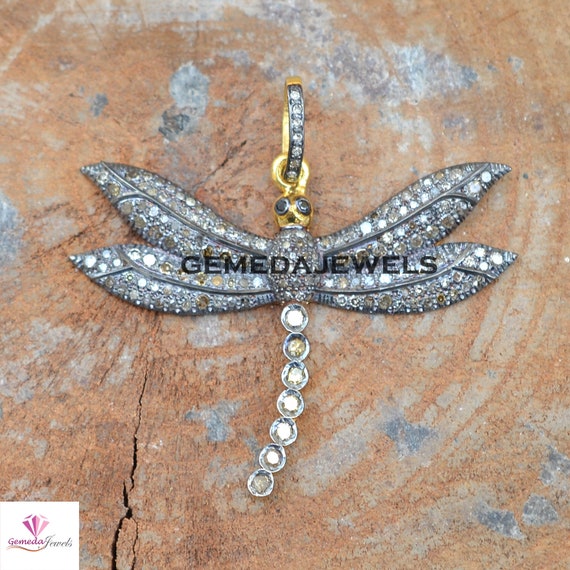 Pave Diamond Dragonfly Pendant: 925 Silver Vermeil Necklace