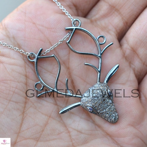 Pave Diamond Pendant, outlet Deer Antler Necklace, 925 Silver Pendant, 16