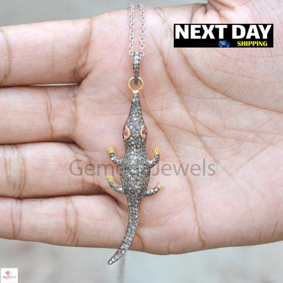 Sale Pave Diamond Crocodile Pendant 925 Silver Gold Plated