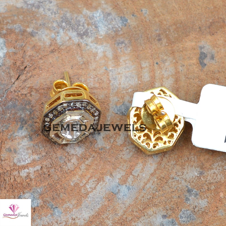 Promo Boucles d'oreilles diamants taille rose polki, Puces d'oreilles en diamants pavés, Bijoux en argent 925 vermeil jaune, Bijoux minimalistes, Bijoux cadeau femme image 4