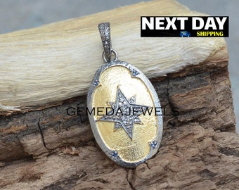 Pave Diamond Star Pendant: Blue Sapphire, Gold Vermeil, 925 Silver, 16" Chain