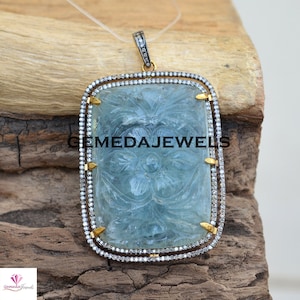 Carved Aquamarine Flower Pendant: 925 Silver & Pave Diamond Necklace