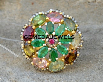 Multi Gemstone Flower Ring, Gemstone Ring Jewelry, Pave Diamond Ring, Gemstone Floral Jewelry, Gold Filled Ring, 925 Silver Jewelry, Gifts