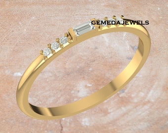 Handmade 14k Yellow Gold Pave Diamond Baguette Ring