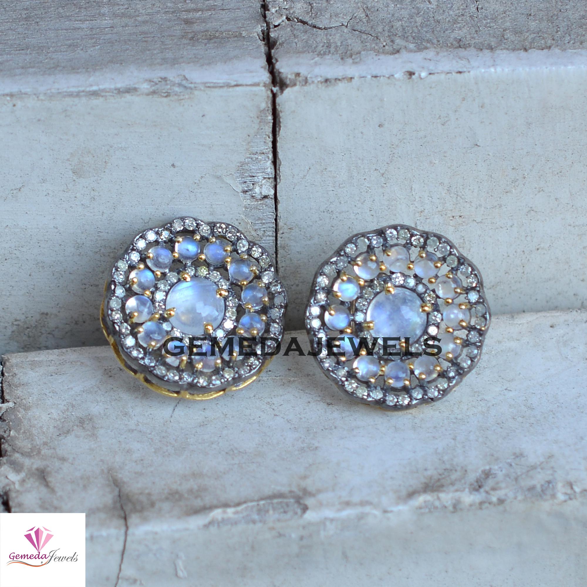 Orecchini a forma di fiore con pietra di luna arcobaleno: orecchini a bottone in argento sterling 925, gioielli boho - Italia