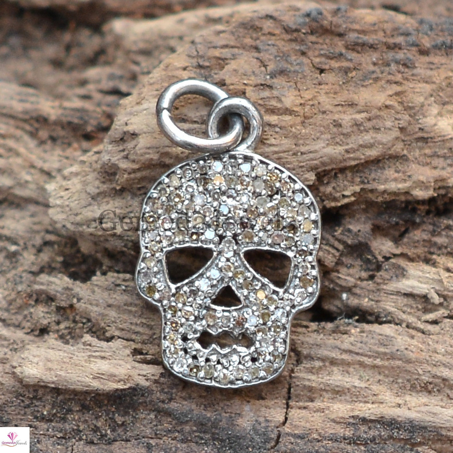  Halloween Jewelry  Diamond Skull Silver Pendant 925 